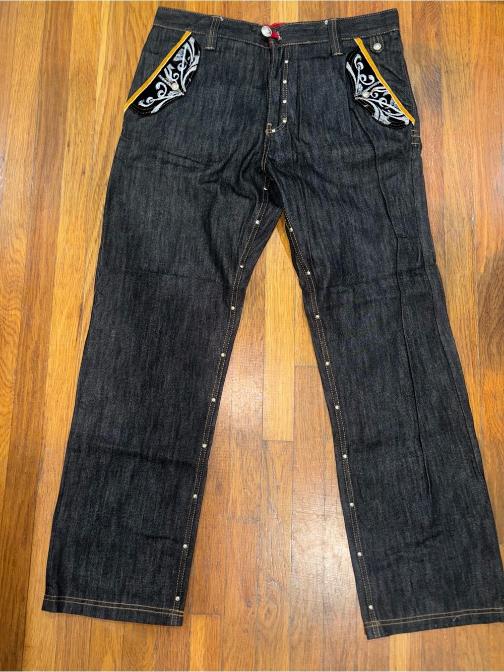 Like new Crown Holder Men's Black Denim Jeans with Embroidered Pocket Accents